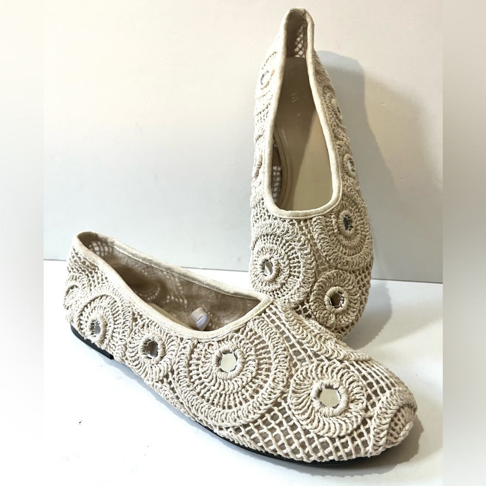 ZARA Crocheted Mirrored Ballet Flats in Natural 39/8